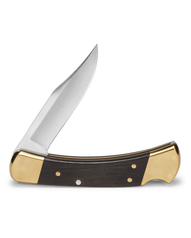 Folding knife with gold and black handle on a white background