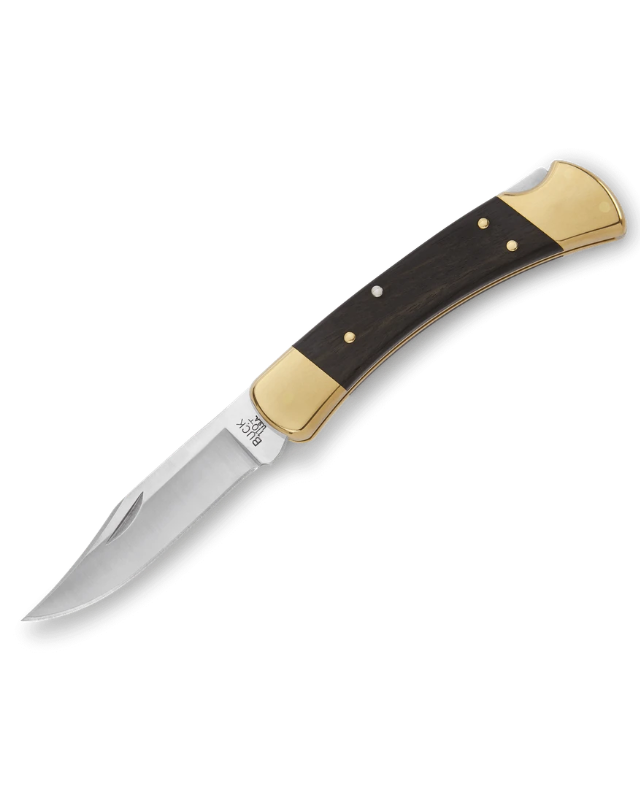 A folding pocket knife with a satin-finished steel blade and a handle made of dark brown wood and polished gold-toned brass. The blade features a visible maker&