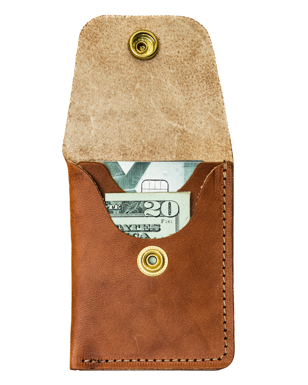 Minimalist wallet white background front flap snap open #color_bourbon