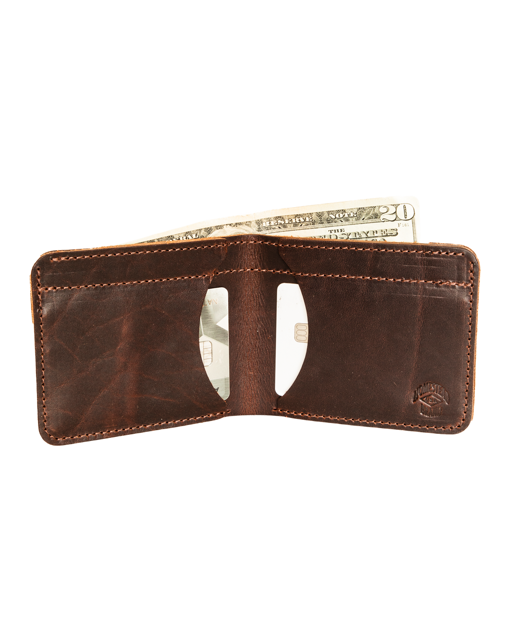 Essential bifold wallet white background inside with cards #color_brown