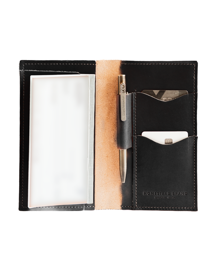 Black Checkbook Open with Pen and Cards White Background #color_black