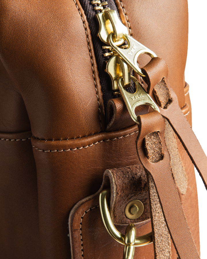 Briefcase Large Bourbon Zipper Detail White Background #color_bourbon
