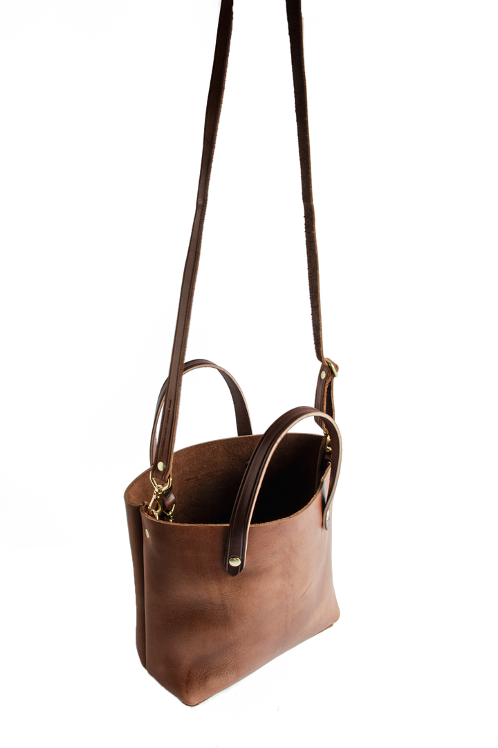 Brown Mini Crossbody Tote Back White Background Strap Extended #color_brown