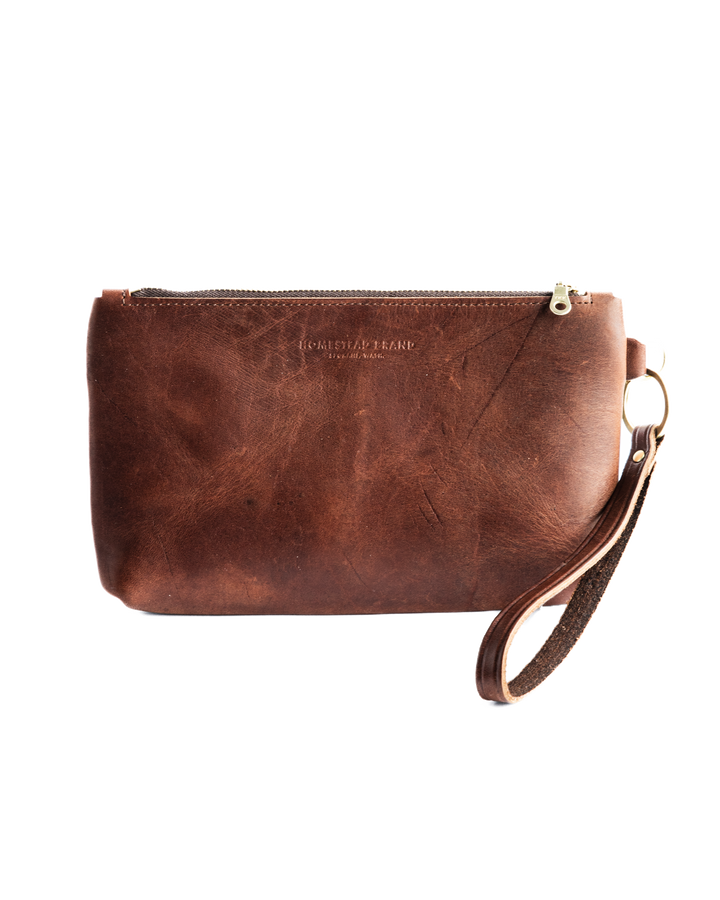 Brown Zipper Clutch White Background Front #color_brown
