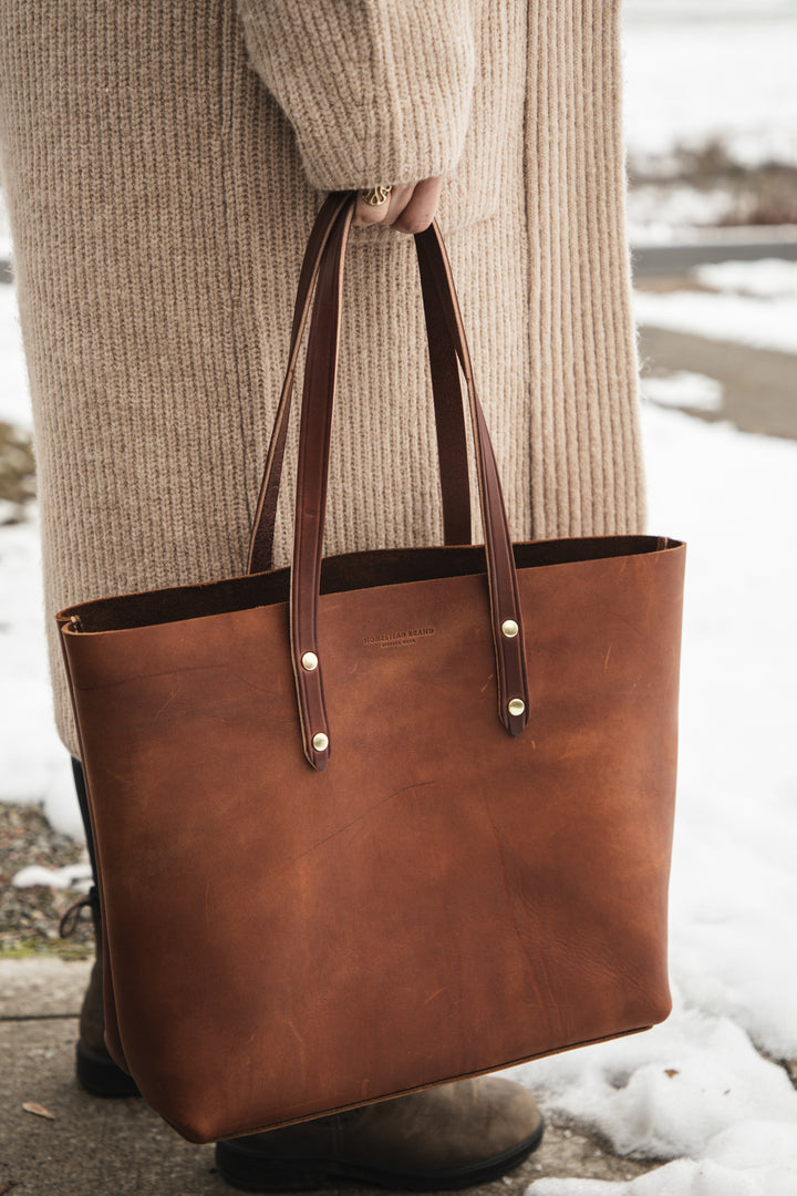 Classic Tote Brown Creative Holding Bag At Side With Straps #color_brown
