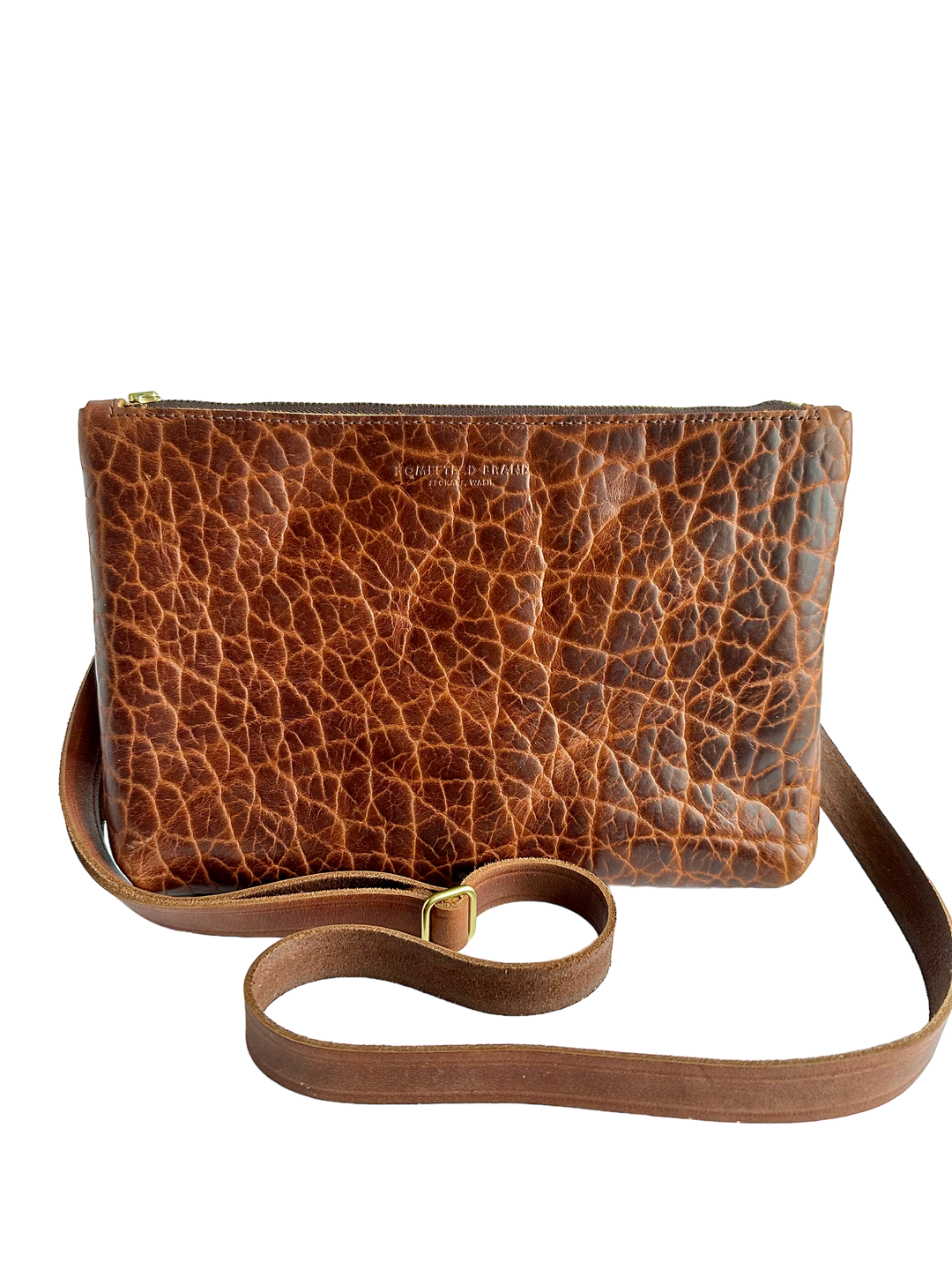 Bison brown Crossbody zipper bag white background front #color_brown