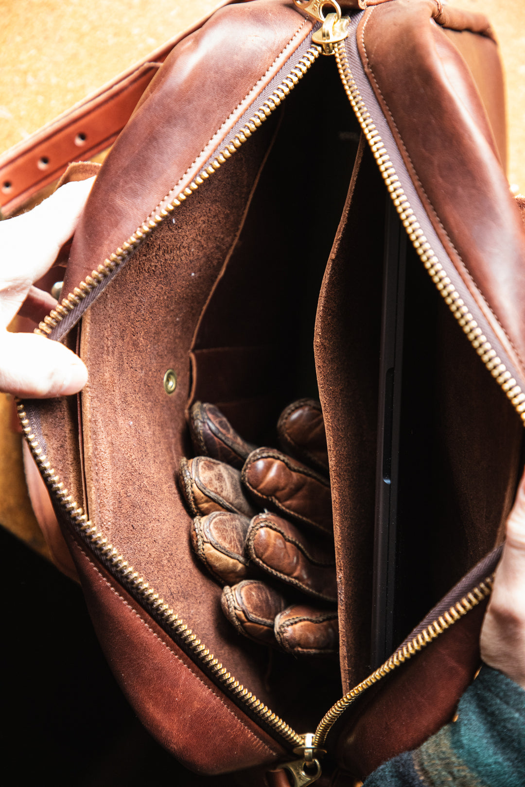Mens Bags Briefcase Brown Lifestyle Open on Table #color_brown
