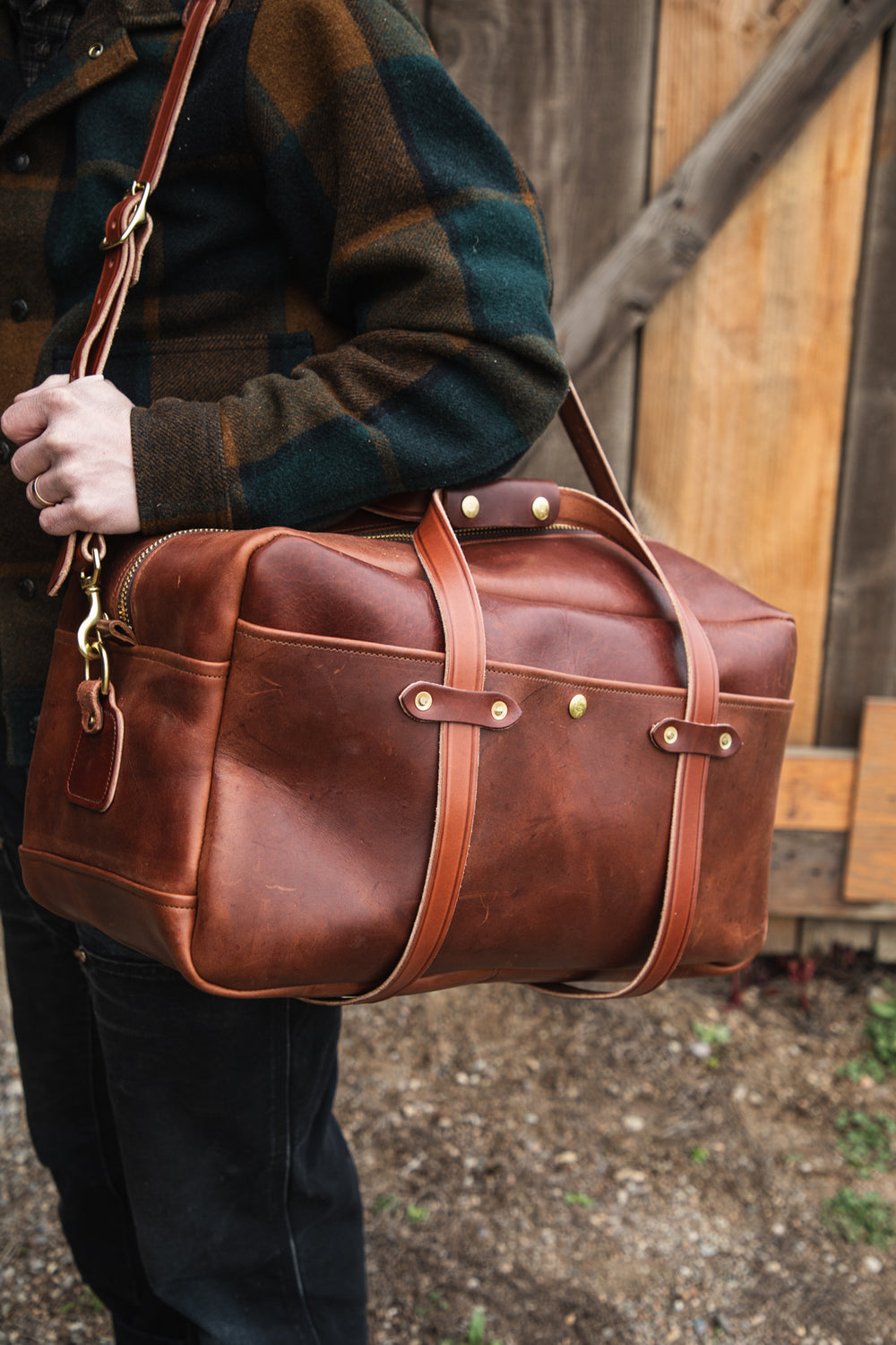 mens duffle brown front corner wide angle on person #color_brown