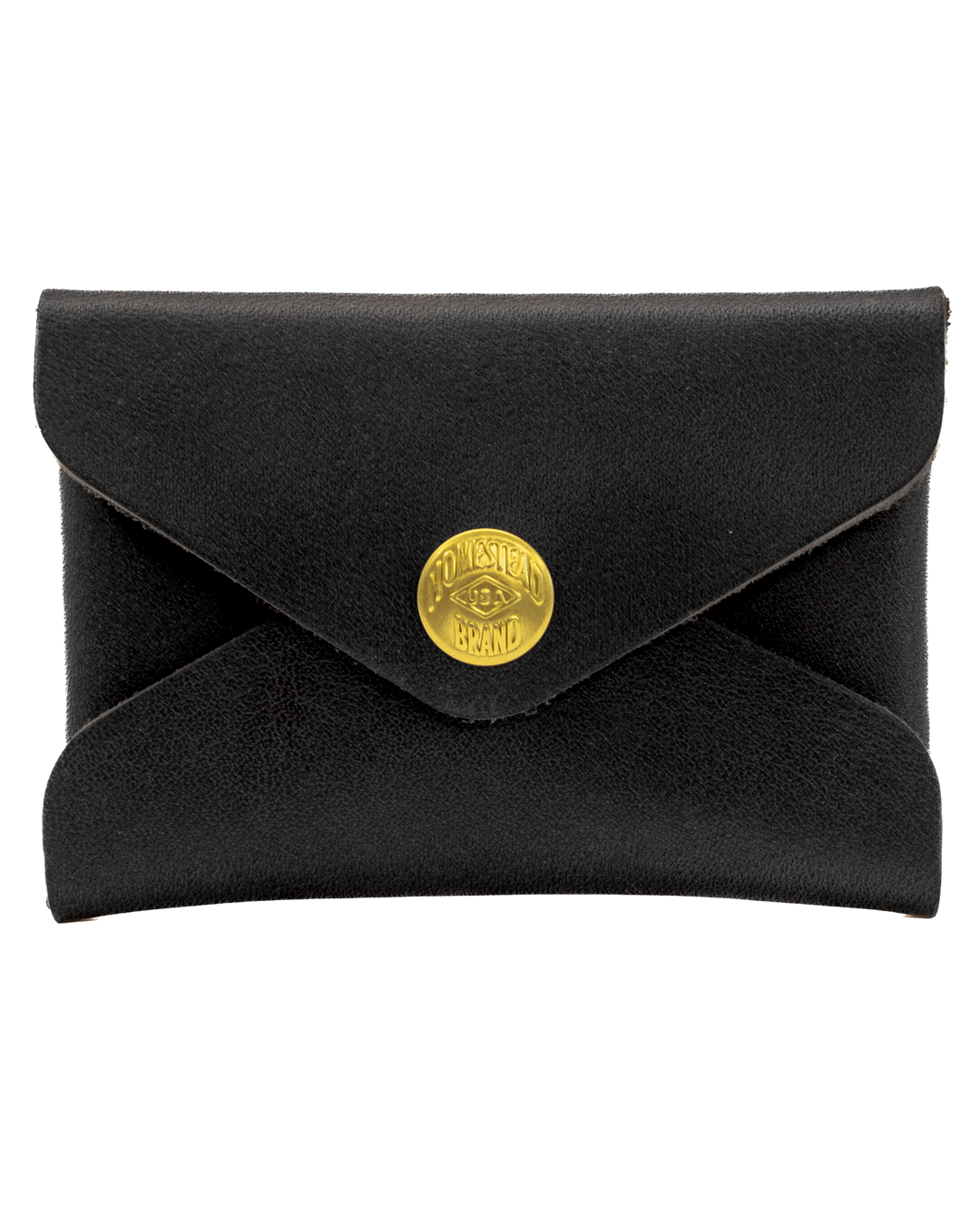 Black envelope-shaped wallet with a gold button on a white background #color_black