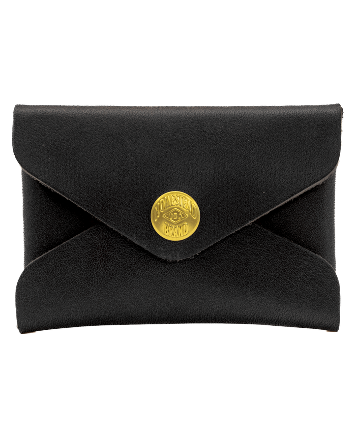 Black envelope-shaped wallet with a gold button on a white background #color_black