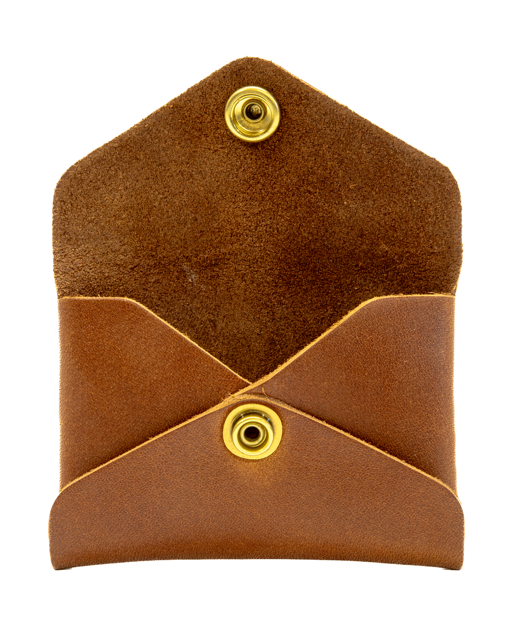 Brown leather wallet open with gold buttons on a white background #color_brown