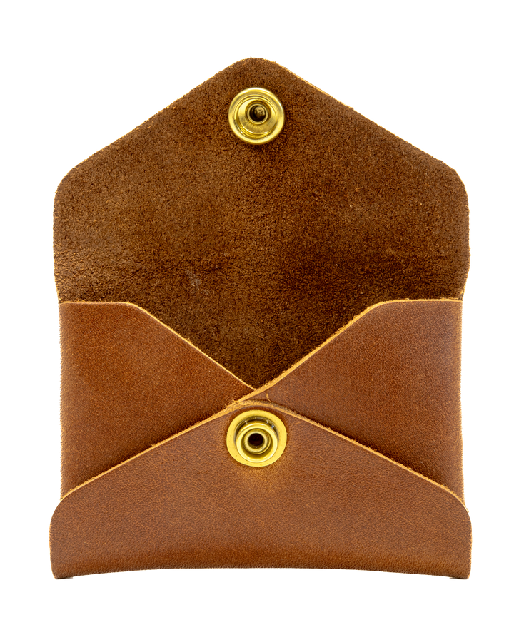 Brown leather wallet open with gold buttons on a white background #color_brown