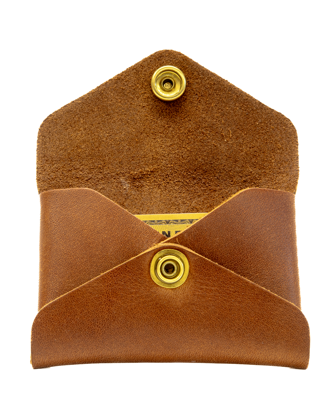 Brown leather wallet and card with gold buttons on a white background #color_brown