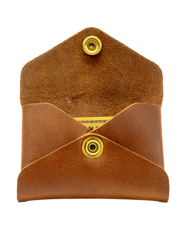 Brown leather wallet and card with gold buttons on a white background #color_brown
