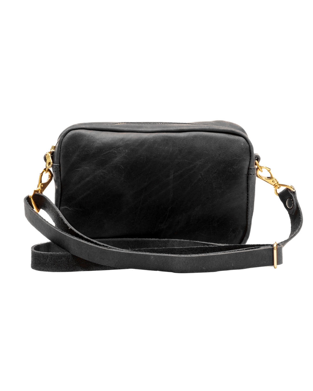 Black leather crossbody bag with gold accents on a white background #color_black