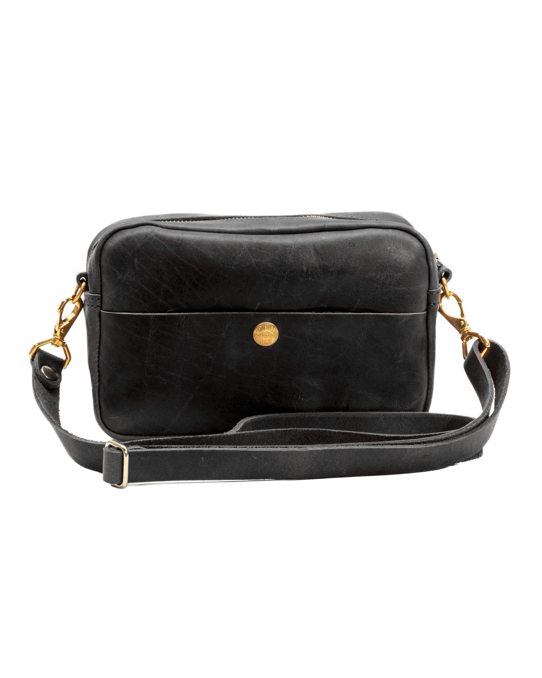 Black leather crossbody bag with gold accents on a white background side two #color_black