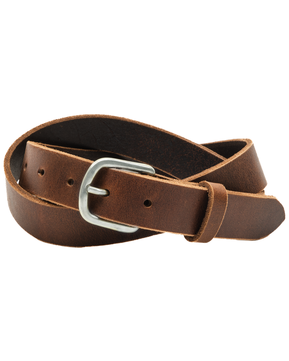 Brown leather belt with a silver buckle on a white background #color_brown