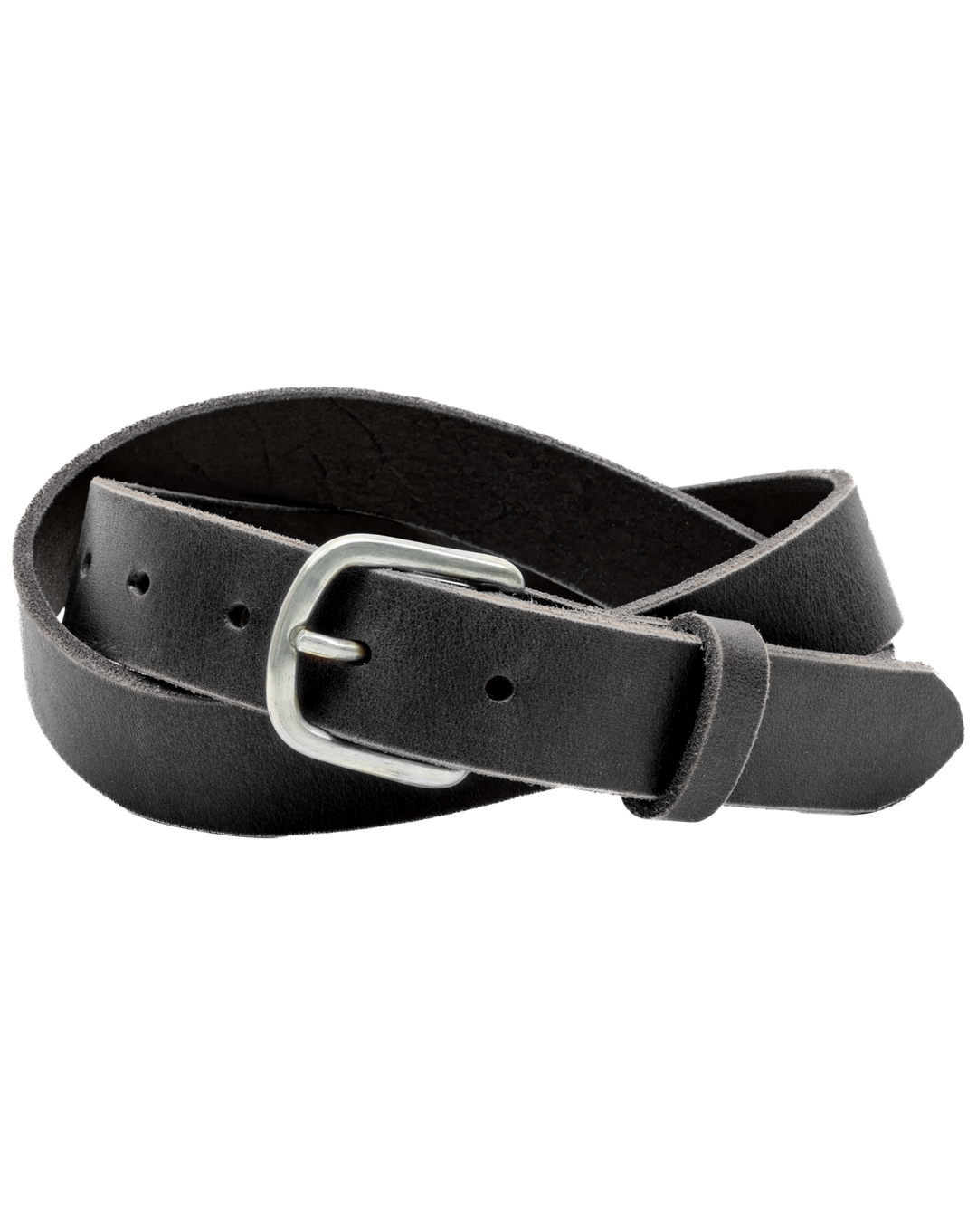 Black leather belt with a silver buckle on a white background #color_black