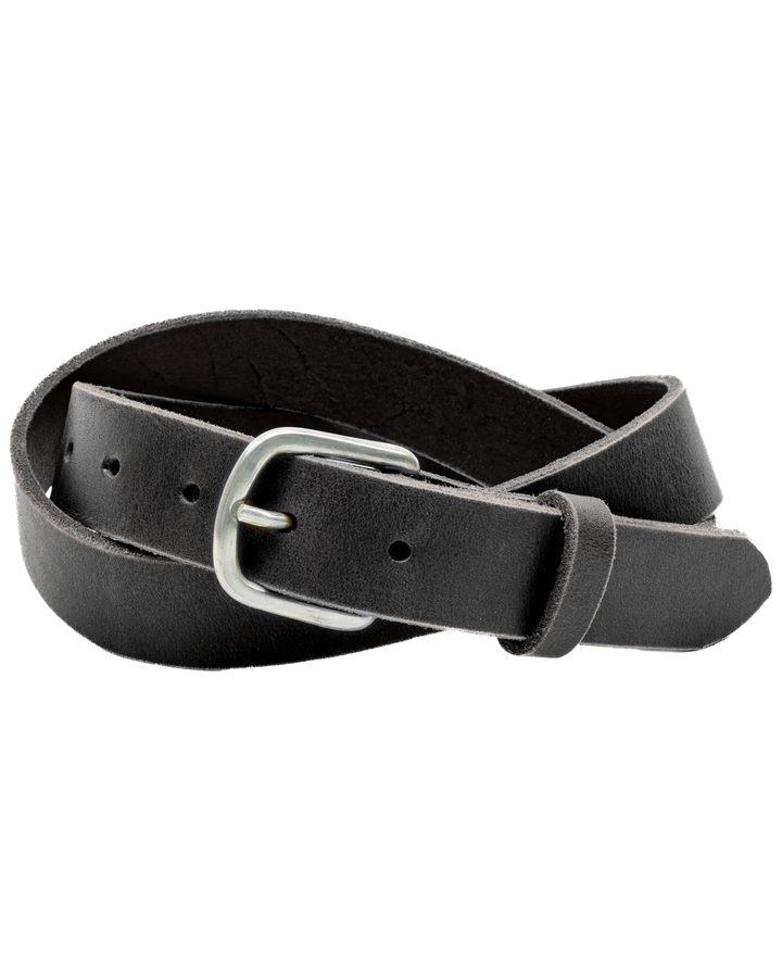 Black leather belt with a silver buckle on a white background #color_black