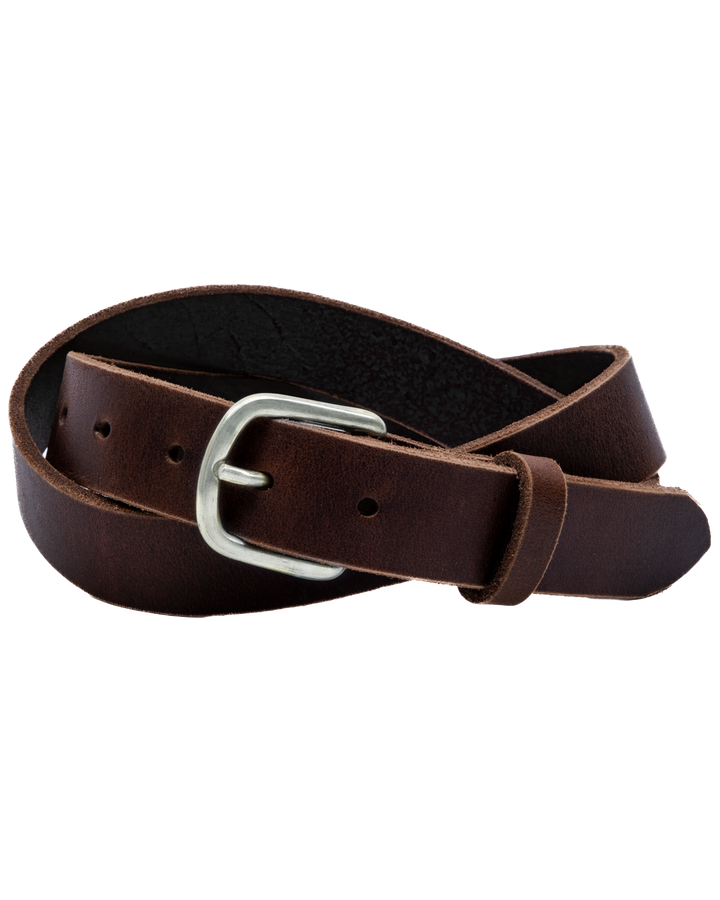 Dark Brown leather belt with a silver buckle on a white background #color_dark-brown