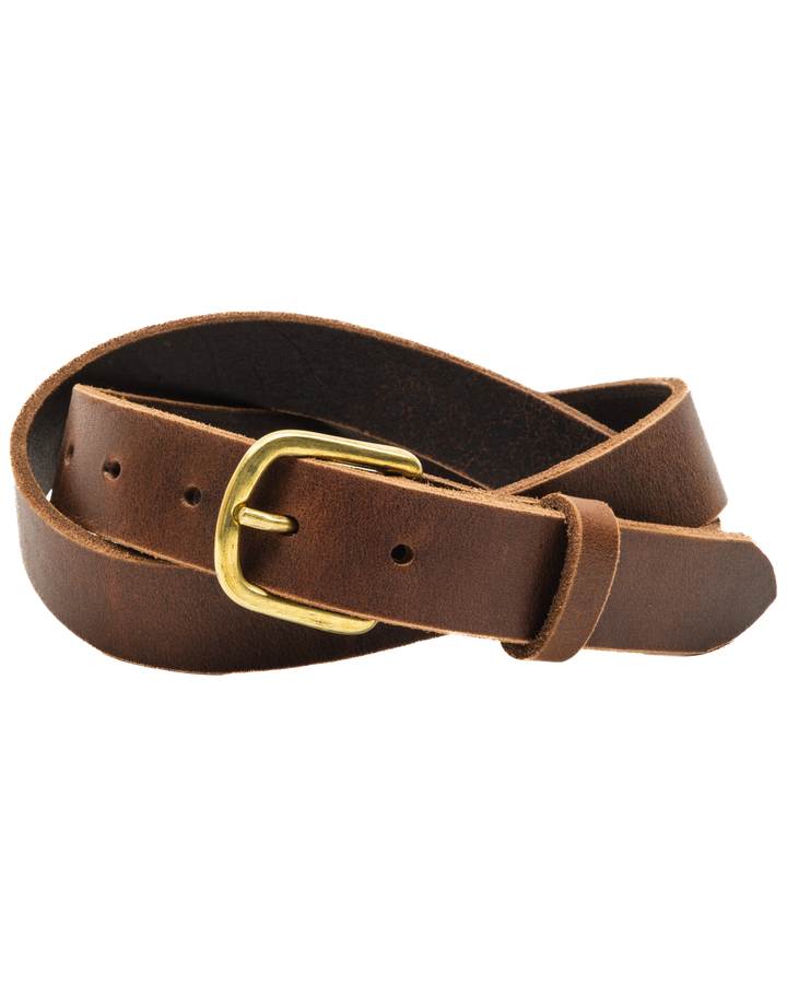 Brown leather belt with a gold buckle on a white background #color_brown