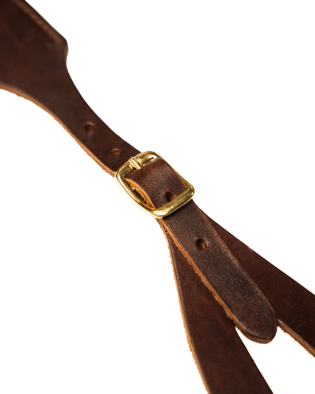 Brown leather strap with a gold buckle on a white background