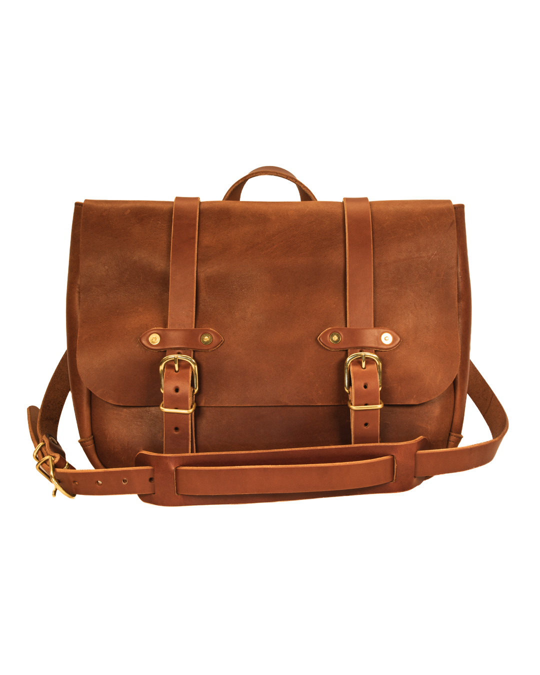 front of Brown messenger bag on white background 