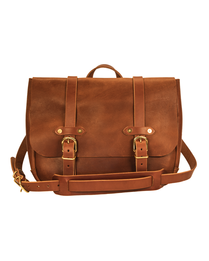 front of Brown messenger bag on white background 