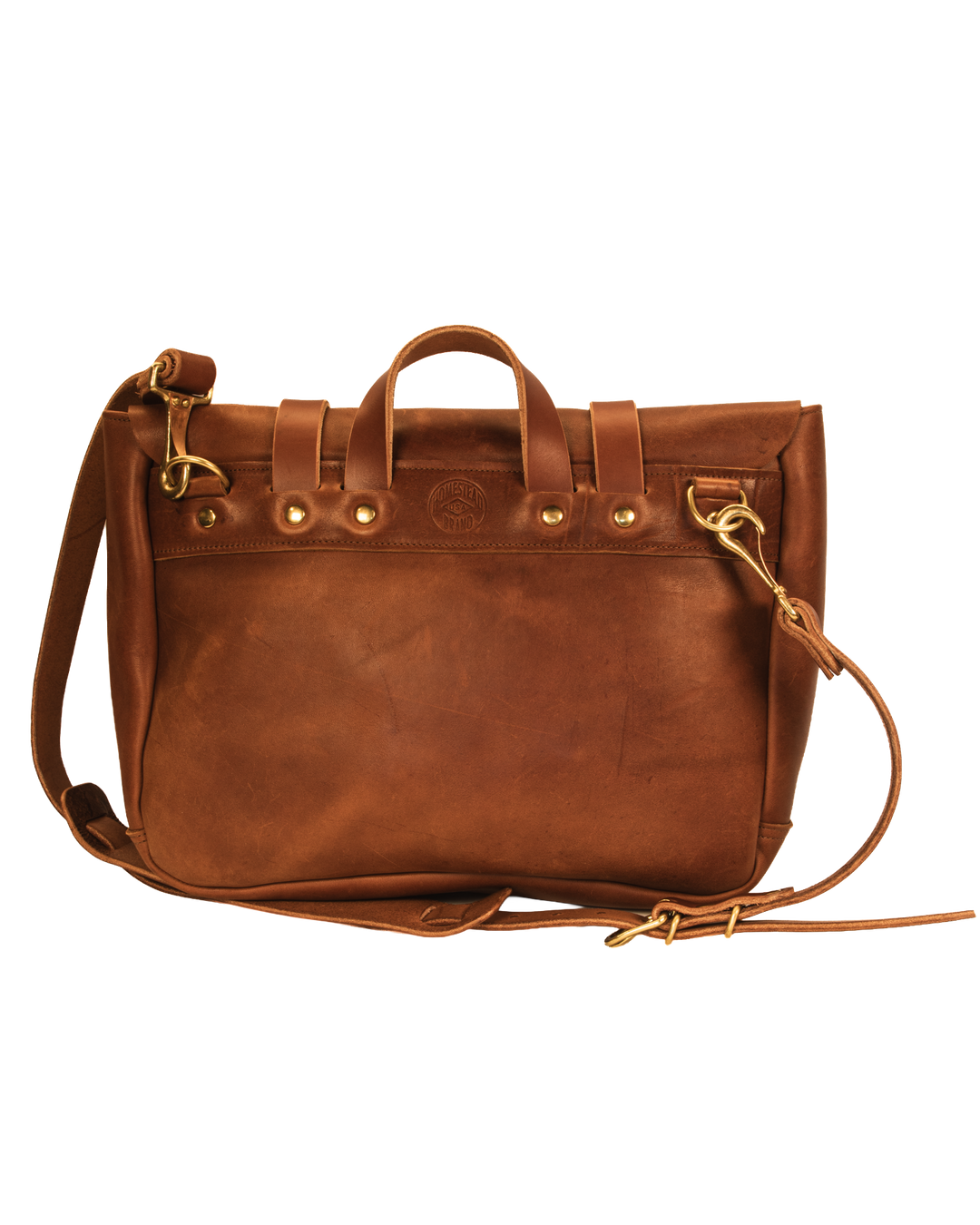 Backside of brown messenger bag on white background 