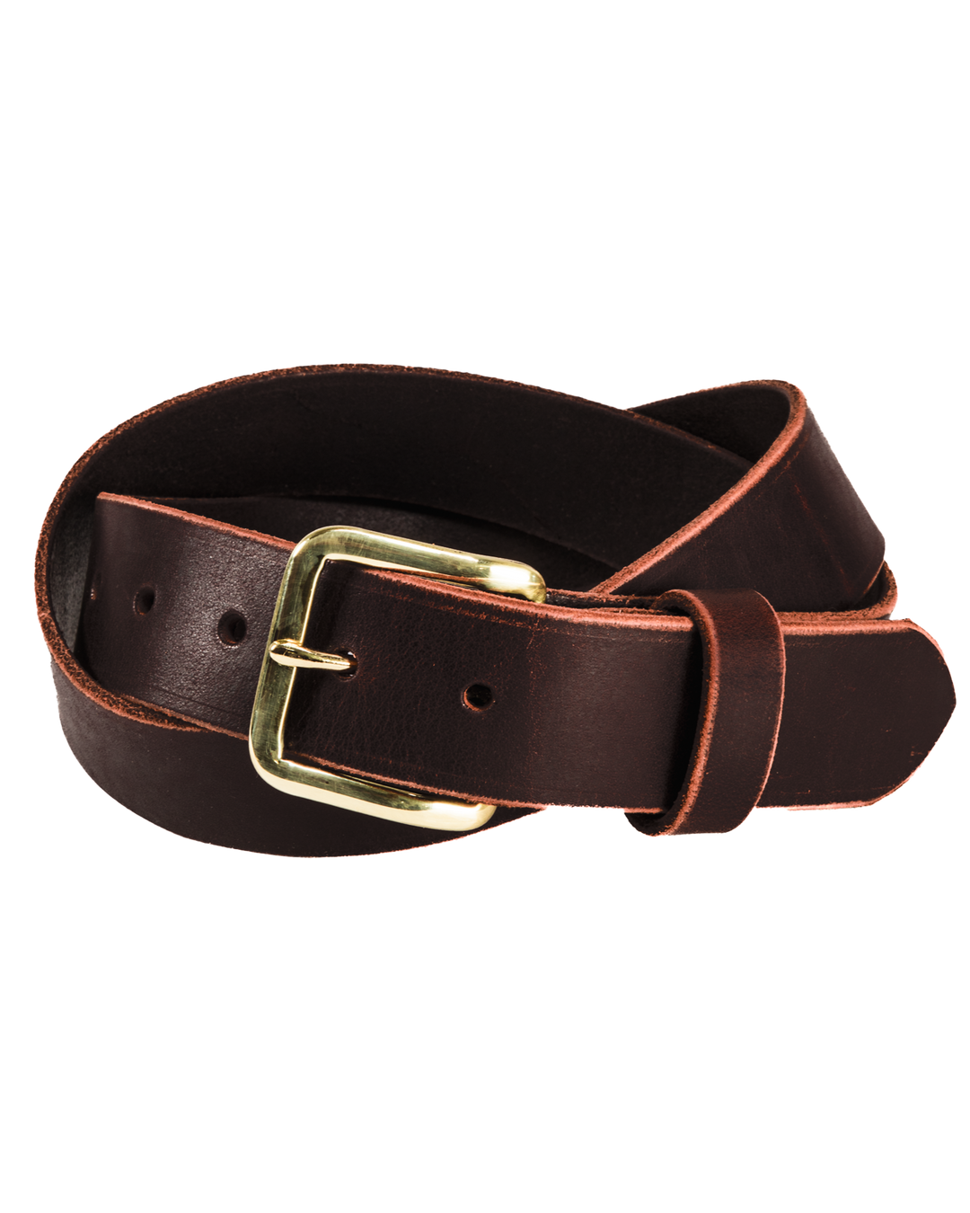 Brown leather belt with a gold buckle on a white background #color_dark-brown