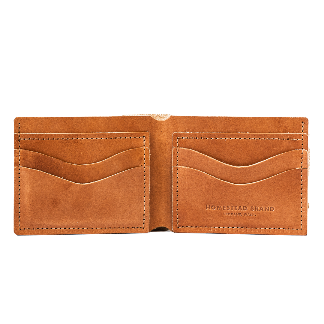 Leather Bifold Wallet Bourbon Open #color_bourbon