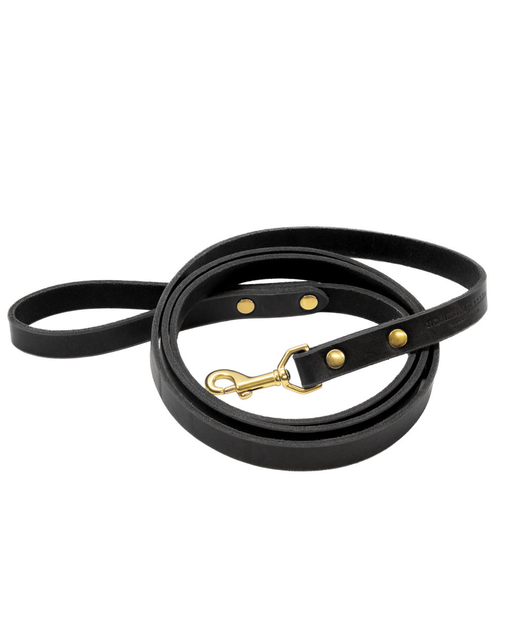 Black leather dog leash with gold hardware on a white background #color_black