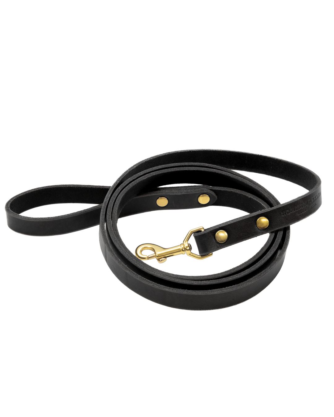 Black leather dog leash with gold hardware on a white background #color_black