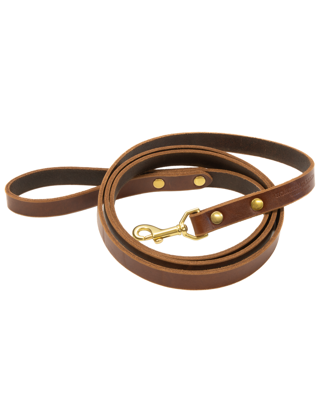 Brown leather dog leash with gold hardware on a white background #color_brown