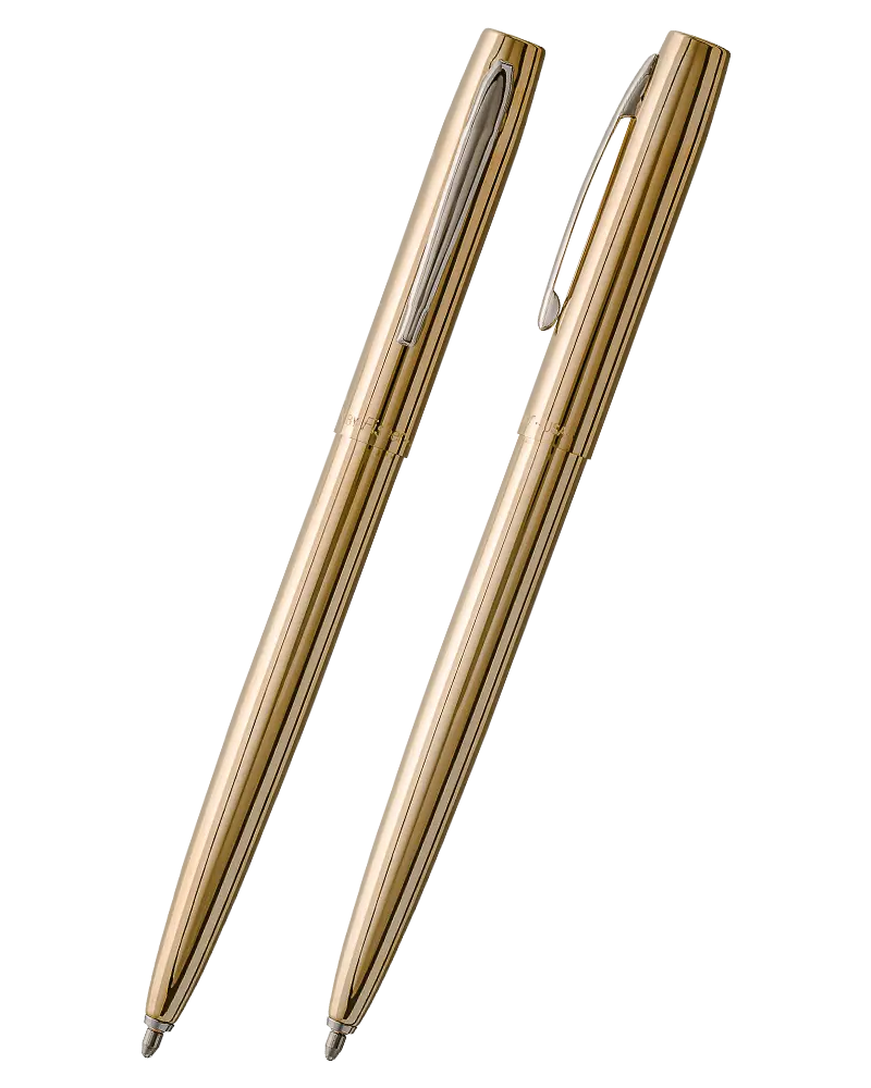 Two slim metallic gold ballpoint pens with silver accents, shown on a plain white background.