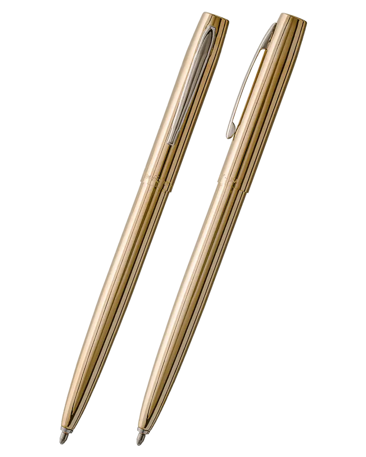 Two slim metallic gold ballpoint pens with silver accents, shown on a plain white background.